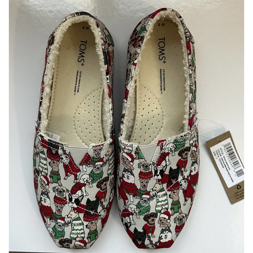 TOMS Women’s Belmont Glacier Holiday Sweater Faux Shearling Flats Shoes Size 7